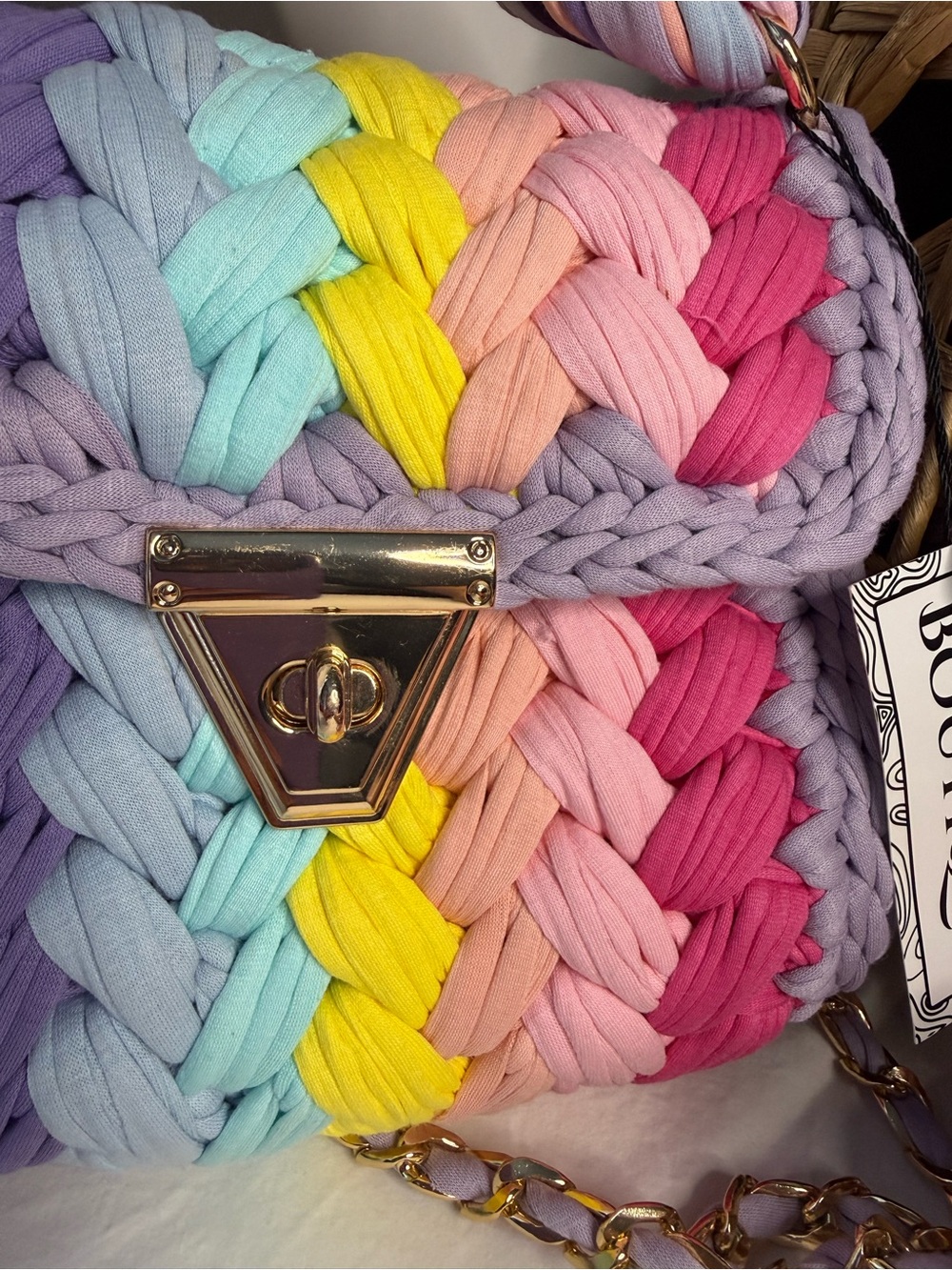 Handwoven Multicolor Crochet Shoulder Bag with Gold Hardware | Dopamine - Picture 7 of 11